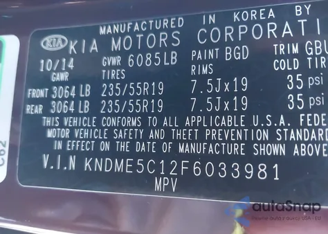 2015 Kia Sedona Sx Luxury from USA, damaged, VIN KNDME5C12F6033981